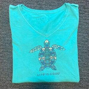 Life is Good aqua/teal summer turtle V neck T-shirt for women